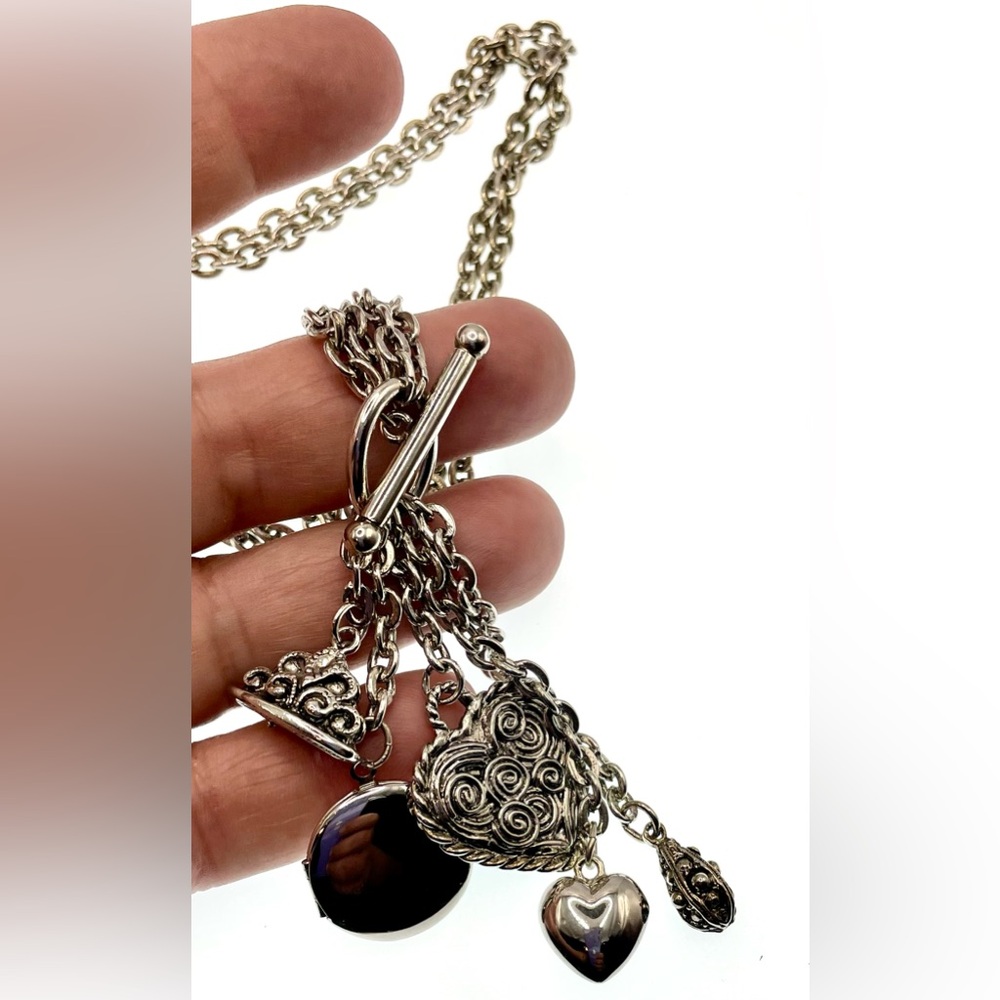 Silver Tone Double Chain Necklace Choker with Dangling Charms and Locket - Picture 2 of 8